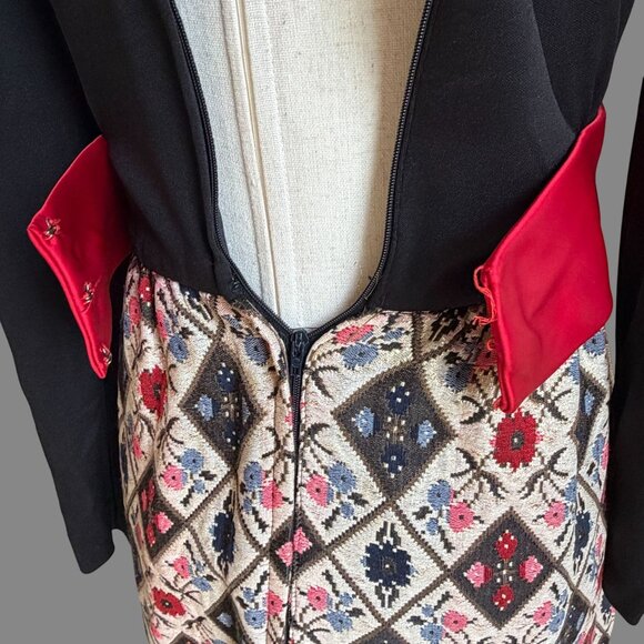 Vtg 70s Holiday Maxi Dress Black Bodice Bow Waistband Floral Jaquard Skirt 0 2 - Picture 9 of 10